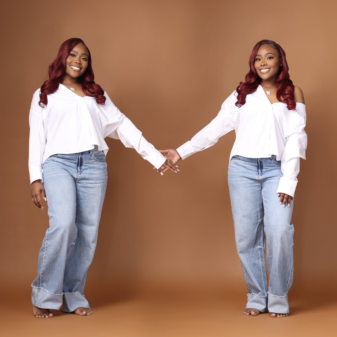 Jada holding her own hand in a double portrait, representing the support that inspired Sistas Without Sisters